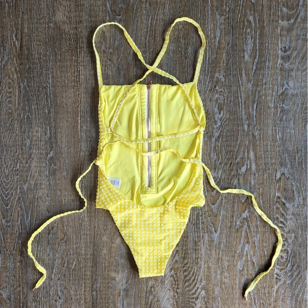 Blue Life Yellow Gingham Textured Zip Front One Piece Swimsuit Small Tie Back